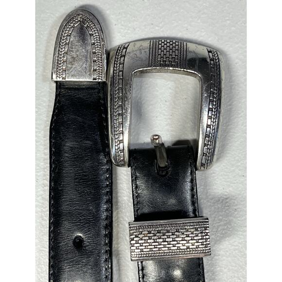 VTG Onyx Brighton Western Leather Belt Black Mens 40 Etched Silver Tone Buckle - Picture 1 of 11